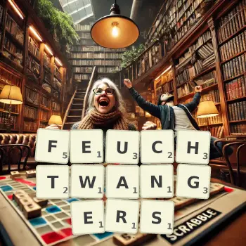 Kreative Illustration für ein Scrabble-Spiel, bei dem das Wort FEUCHTWANGERS mit Steinen auf dem Brett gelegt wurde.