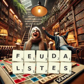 Kreative Illustration für ein Scrabble-Spiel, bei dem das Wort FEUDALSTES mit Steinen auf dem Brett gelegt wurde.