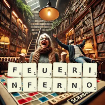 Kreative Illustration für ein Scrabble-Spiel, bei dem das Wort FEUERINFERNO mit Steinen auf dem Brett gelegt wurde.