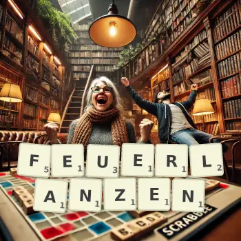 Kreative Illustration für ein Scrabble-Spiel, bei dem das Wort FEUERLANZEN mit Steinen auf dem Brett gelegt wurde.