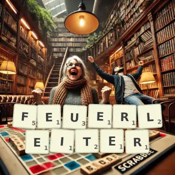 Kreative Illustration für ein Scrabble-Spiel, bei dem das Wort FEUERLEITER mit Steinen auf dem Brett gelegt wurde.