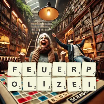 Kreative Illustration für ein Scrabble-Spiel, bei dem das Wort FEUERPOLIZEI mit Steinen auf dem Brett gelegt wurde.