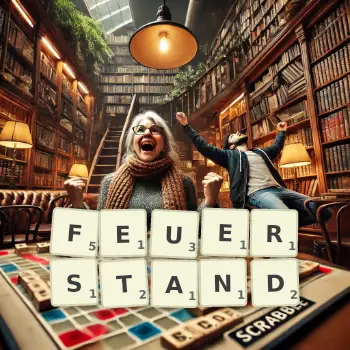 Kreative Illustration für ein Scrabble-Spiel, bei dem das Wort FEUERSTAND mit Steinen auf dem Brett gelegt wurde.