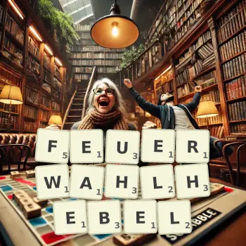 Kreative Illustration für ein Scrabble-Spiel, bei dem das Wort FEUERWAHLHEBEL mit Steinen auf dem Brett gelegt wurde.
