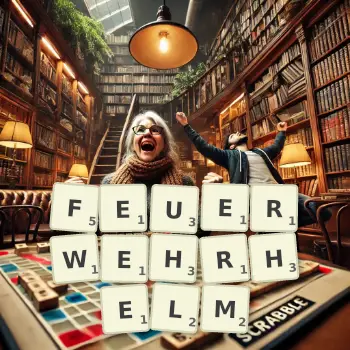 Kreative Illustration für ein Scrabble-Spiel, bei dem das Wort FEUERWEHRHELM mit Steinen auf dem Brett gelegt wurde.