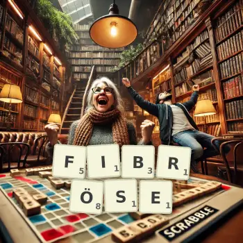 Kreative Illustration für ein Scrabble-Spiel, bei dem das Wort FIBRÖSE mit Steinen auf dem Brett gelegt wurde.