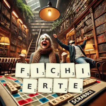 Kreative Illustration für ein Scrabble-Spiel, bei dem das Wort FICHIERTE mit Steinen auf dem Brett gelegt wurde.