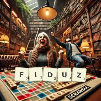 Kreative Illustration für ein Scrabble-Spiel, bei dem das Wort FIDUZ mit Steinen auf dem Brett gelegt wurde.