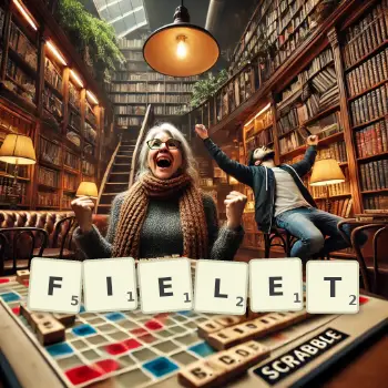 Kreative Illustration für ein Scrabble-Spiel, bei dem das Wort FIELET mit Steinen auf dem Brett gelegt wurde.