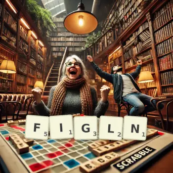Kreative Illustration für ein Scrabble-Spiel, bei dem das Wort FIGLN mit Steinen auf dem Brett gelegt wurde.