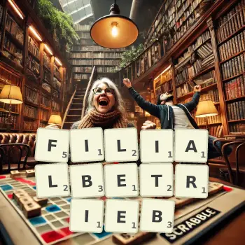 Kreative Illustration für ein Scrabble-Spiel, bei dem das Wort FILIALBETRIEB mit Steinen auf dem Brett gelegt wurde.