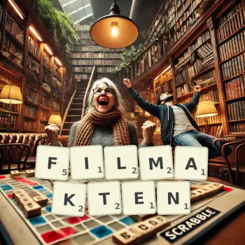 Kreative Illustration für ein Scrabble-Spiel, bei dem das Wort FILMAKTEN mit Steinen auf dem Brett gelegt wurde.
