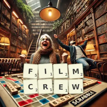 Kreative Illustration für ein Scrabble-Spiel, bei dem das Wort FILMCREW mit Steinen auf dem Brett gelegt wurde.