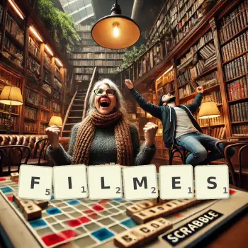 Kreative Illustration für ein Scrabble-Spiel, bei dem das Wort FILMES mit Steinen auf dem Brett gelegt wurde.