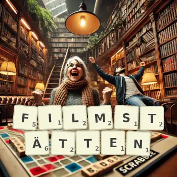 Kreative Illustration für ein Scrabble-Spiel, bei dem das Wort FILMSTÄTTEN mit Steinen auf dem Brett gelegt wurde.