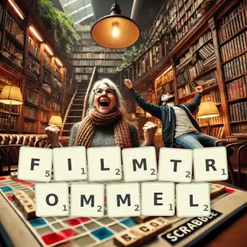 Kreative Illustration für ein Scrabble-Spiel, bei dem das Wort FILMTROMMEL mit Steinen auf dem Brett gelegt wurde.