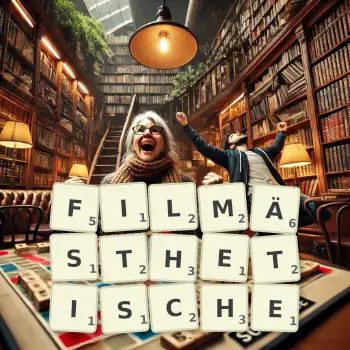 Kreative Illustration für ein Scrabble-Spiel, bei dem das Wort FILMÄSTHETISCHE mit Steinen auf dem Brett gelegt wurde.