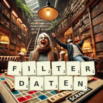 Kreative Illustration für ein Scrabble-Spiel, bei dem das Wort FILTERDATEN mit Steinen auf dem Brett gelegt wurde.