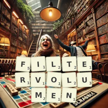 Kreative Illustration für ein Scrabble-Spiel, bei dem das Wort FILTERVOLUMEN mit Steinen auf dem Brett gelegt wurde.