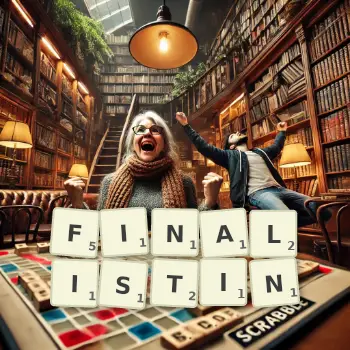 Kreative Illustration für ein Scrabble-Spiel, bei dem das Wort FINALISTIN mit Steinen auf dem Brett gelegt wurde.