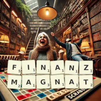 Kreative Illustration für ein Scrabble-Spiel, bei dem das Wort FINANZMAGNAT mit Steinen auf dem Brett gelegt wurde.