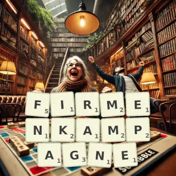 Kreative Illustration für ein Scrabble-Spiel, bei dem das Wort FIRMENKAMPAGNE mit Steinen auf dem Brett gelegt wurde.