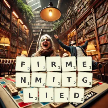 Kreative Illustration für ein Scrabble-Spiel, bei dem das Wort FIRMENMITGLIED mit Steinen auf dem Brett gelegt wurde.