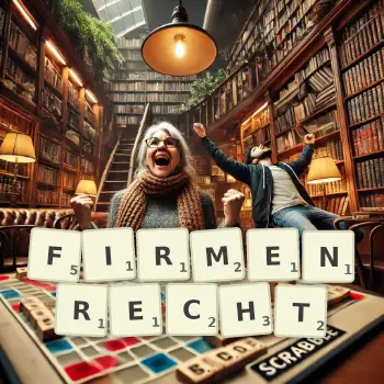 Kreative Illustration für ein Scrabble-Spiel, bei dem das Wort FIRMENRECHT mit Steinen auf dem Brett gelegt wurde.