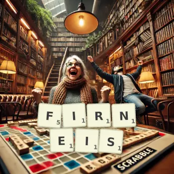 Kreative Illustration für ein Scrabble-Spiel, bei dem das Wort FIRNEIS mit Steinen auf dem Brett gelegt wurde.