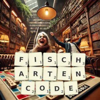Kreative Illustration für ein Scrabble-Spiel, bei dem das Wort FISCHARTENCODE mit Steinen auf dem Brett gelegt wurde.