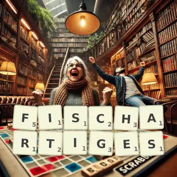 Kreative Illustration für ein Scrabble-Spiel, bei dem das Wort FISCHARTIGES mit Steinen auf dem Brett gelegt wurde.