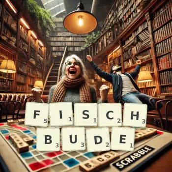 Kreative Illustration für ein Scrabble-Spiel, bei dem das Wort FISCHBUDE mit Steinen auf dem Brett gelegt wurde.