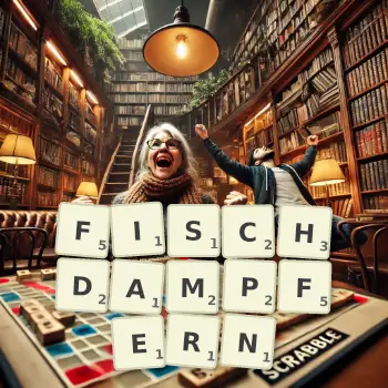 Kreative Illustration für ein Scrabble-Spiel, bei dem das Wort FISCHDAMPFERN mit Steinen auf dem Brett gelegt wurde.