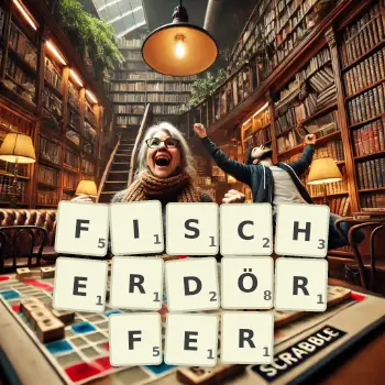 Kreative Illustration für ein Scrabble-Spiel, bei dem das Wort FISCHERDÖRFER mit Steinen auf dem Brett gelegt wurde.