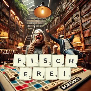 Kreative Illustration für ein Scrabble-Spiel, bei dem das Wort FISCHEREI mit Steinen auf dem Brett gelegt wurde.