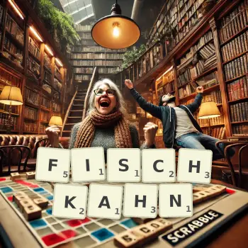 Kreative Illustration für ein Scrabble-Spiel, bei dem das Wort FISCHKAHN mit Steinen auf dem Brett gelegt wurde.