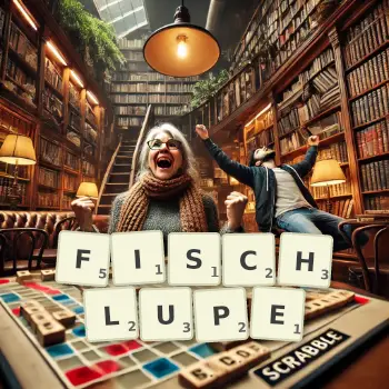 Kreative Illustration für ein Scrabble-Spiel, bei dem das Wort FISCHLUPE mit Steinen auf dem Brett gelegt wurde.