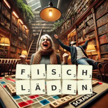 Kreative Illustration für ein Scrabble-Spiel, bei dem das Wort FISCHLÄDEN mit Steinen auf dem Brett gelegt wurde.