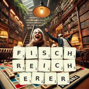 Kreative Illustration für ein Scrabble-Spiel, bei dem das Wort FISCHREICHERER mit Steinen auf dem Brett gelegt wurde.