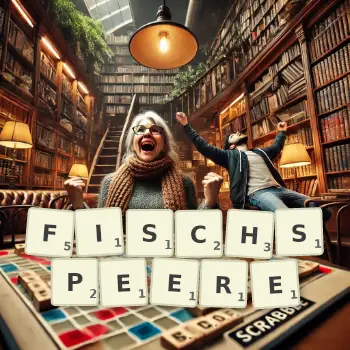 Kreative Illustration für ein Scrabble-Spiel, bei dem das Wort FISCHSPEERE mit Steinen auf dem Brett gelegt wurde.