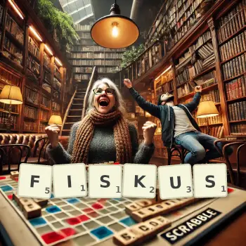 Kreative Illustration für ein Scrabble-Spiel, bei dem das Wort FISKUS mit Steinen auf dem Brett gelegt wurde.