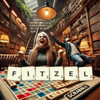 Kreative Illustration für ein Scrabble-Spiel, bei dem das Wort FITZEL mit Steinen auf dem Brett gelegt wurde.