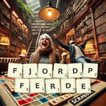 Kreative Illustration für ein Scrabble-Spiel, bei dem das Wort FJORDPFERDE mit Steinen auf dem Brett gelegt wurde.