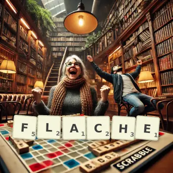 Kreative Illustration für ein Scrabble-Spiel, bei dem das Wort FLACHE mit Steinen auf dem Brett gelegt wurde.