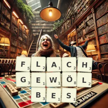 Kreative Illustration für ein Scrabble-Spiel, bei dem das Wort FLACHGEWÖLBES mit Steinen auf dem Brett gelegt wurde.