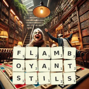 Kreative Illustration für ein Scrabble-Spiel, bei dem das Wort FLAMBOYANTSTILS mit Steinen auf dem Brett gelegt wurde.