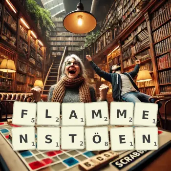 Kreative Illustration für ein Scrabble-Spiel, bei dem das Wort FLAMMENSTÖEN mit Steinen auf dem Brett gelegt wurde.
