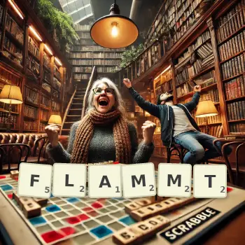 Kreative Illustration für ein Scrabble-Spiel, bei dem das Wort FLAMMT mit Steinen auf dem Brett gelegt wurde.