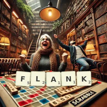 Kreative Illustration für ein Scrabble-Spiel, bei dem das Wort FLANK mit Steinen auf dem Brett gelegt wurde.