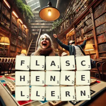 Kreative Illustration für ein Scrabble-Spiel, bei dem das Wort FLASCHENKELLERN mit Steinen auf dem Brett gelegt wurde.